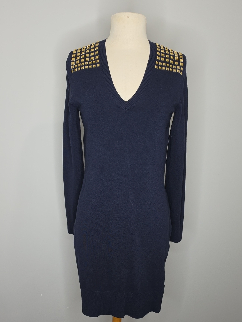 Michael Kors Navy V-Neck Sweater Dress with Gold Shoulder Studs